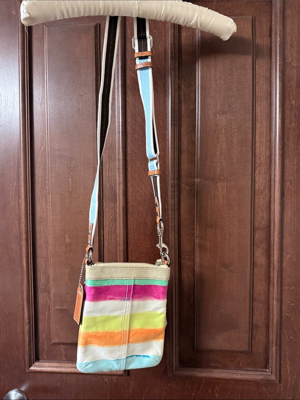Coach Striped Multicolor Crossbody Bag - Blue, Pink, Orange, Green